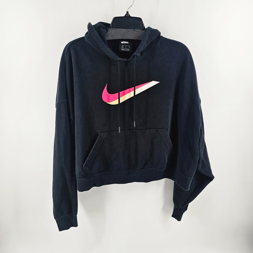 Nike Hoodie Women Medium Black Cropped Swoosh DJ1074-010 Pullover